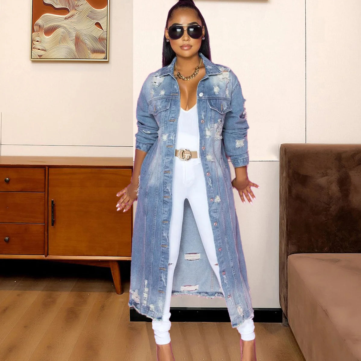 European and American Fashion Women's Wear with Holes Long Sleeved Denim Trench Coat Cardigan Denim Cape