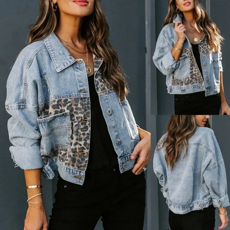 Denim Top Casual Coat jackets denim jacket women New Leopard Pattern Fashion Print Splice Perforated