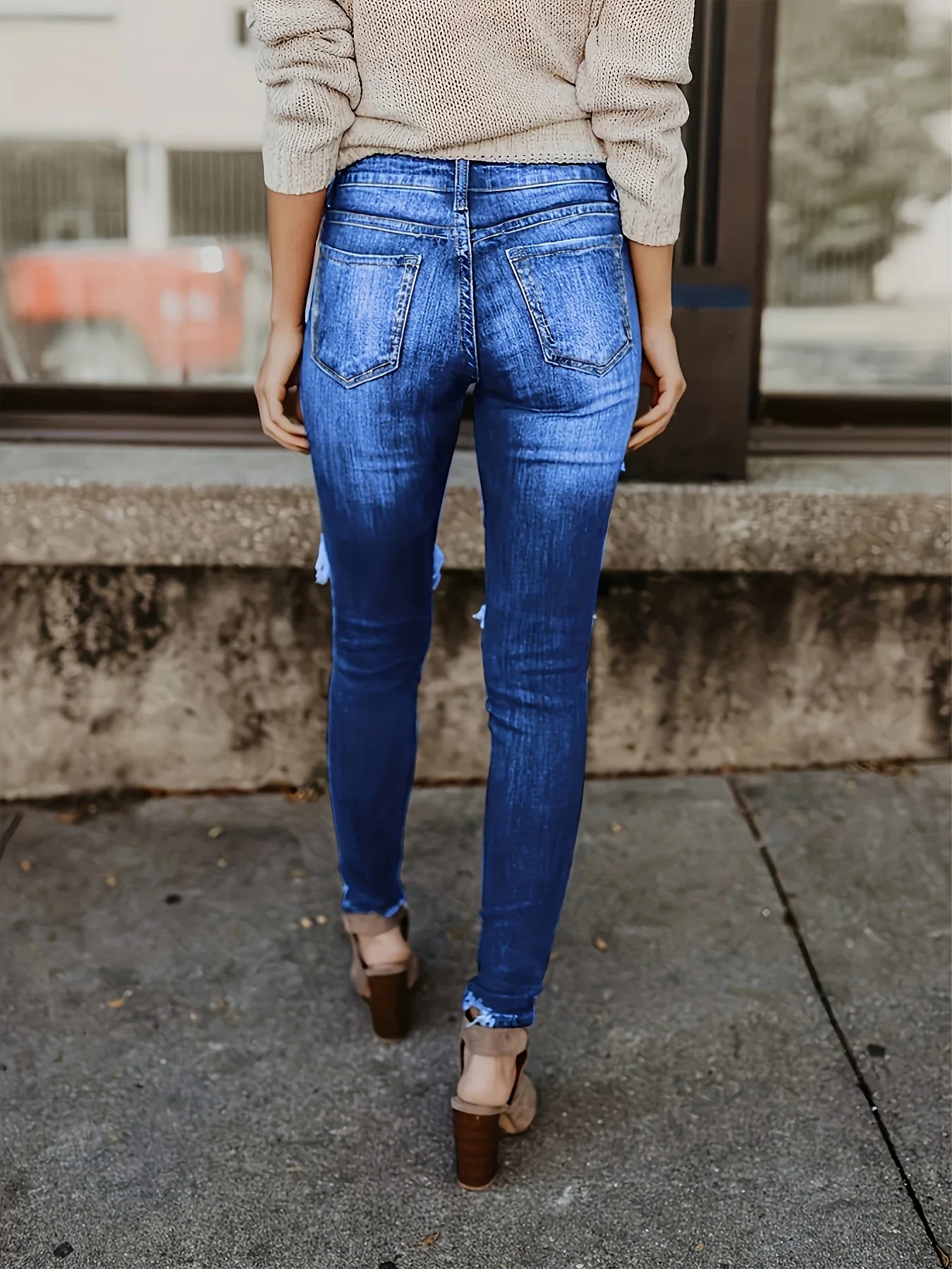 Blue Ripped Skinny Jeans, Distressed Slim Fit Slash Pockets Raw Hem Denim Pants, Women's Denim Jeans & Clothing