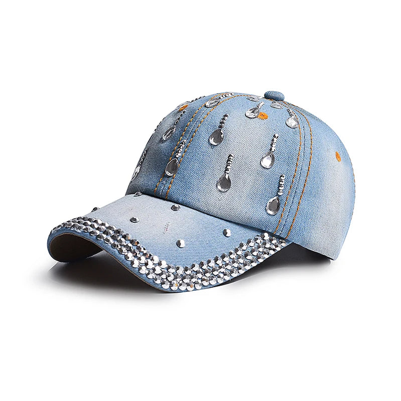 New Denim Hip Hop Caps Fashion Leisure Woman Cap With Water Drop Rhinestones Vintage Jean Cotton Baseball Caps For Men Hot Sale blue 56-58cm