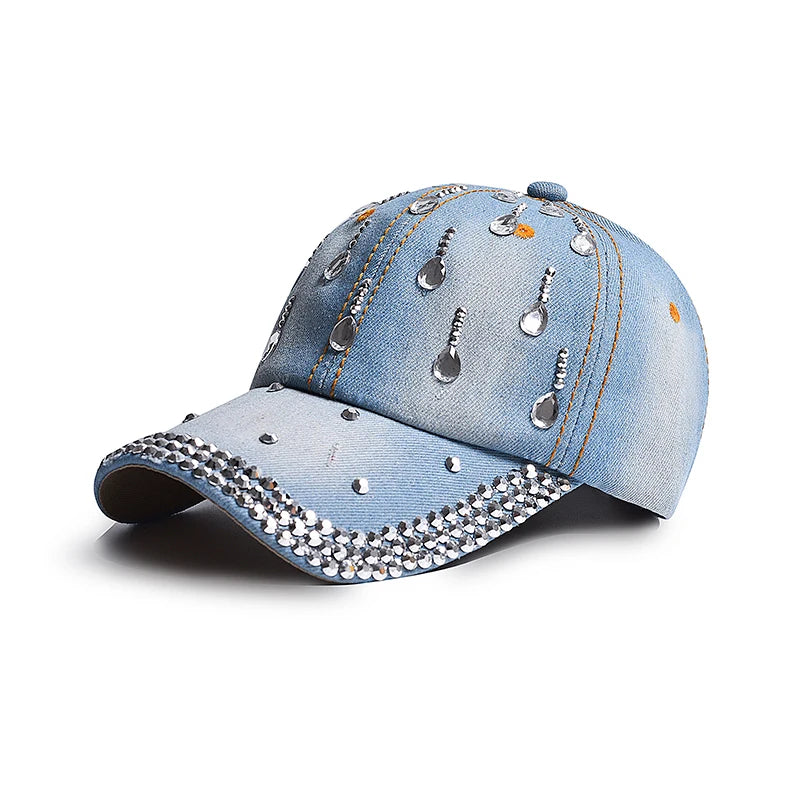 New Denim Hip Hop Caps Fashion Leisure Woman Cap With Water Drop Rhinestones Vintage Jean Cotton Baseball Caps For Men Hot Sale blue 56-58cm