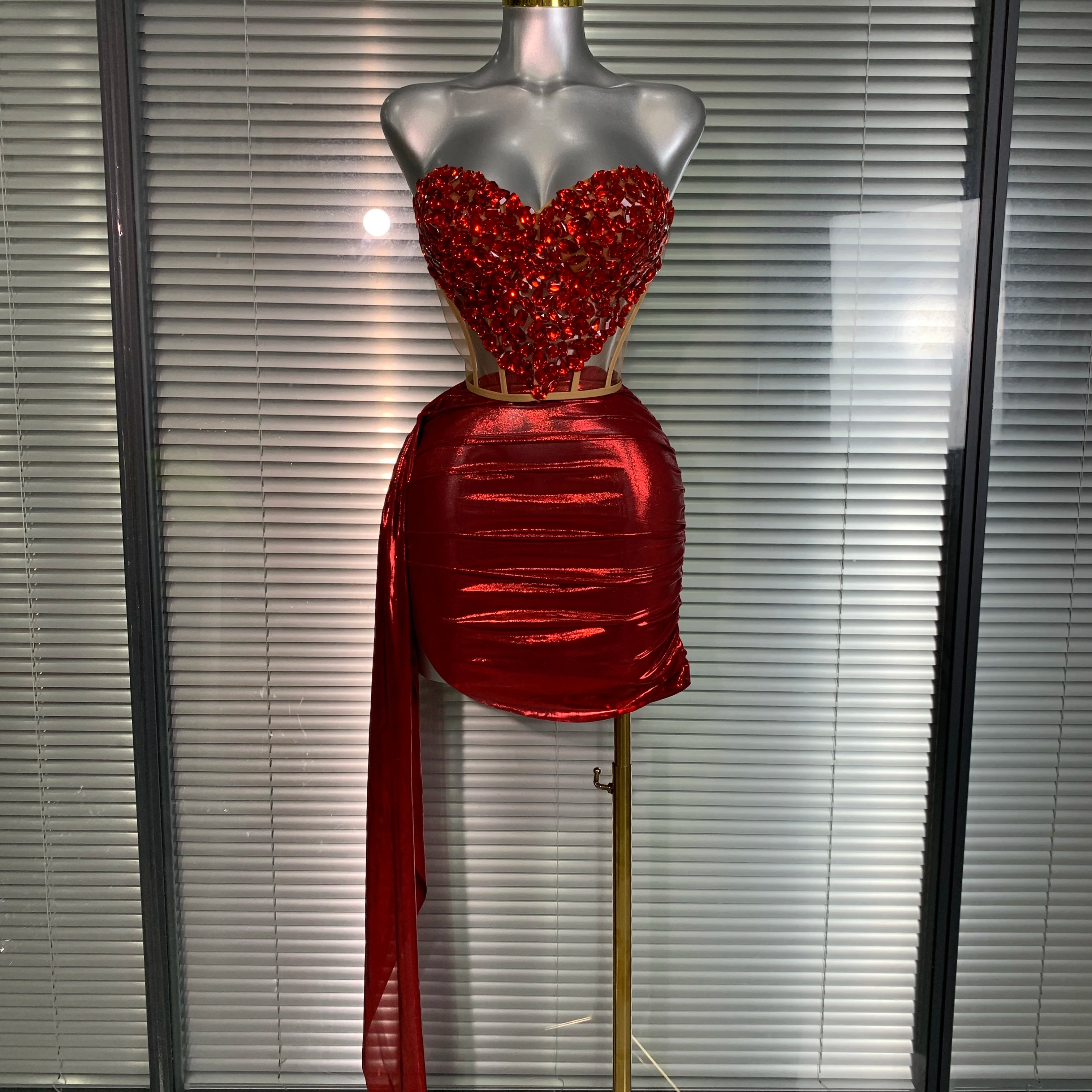New Women Sexy Two Pieces Set Red Crystal Diamonds Night Club Skirt Suits Laced Singer Dancer Stage Performance Costume