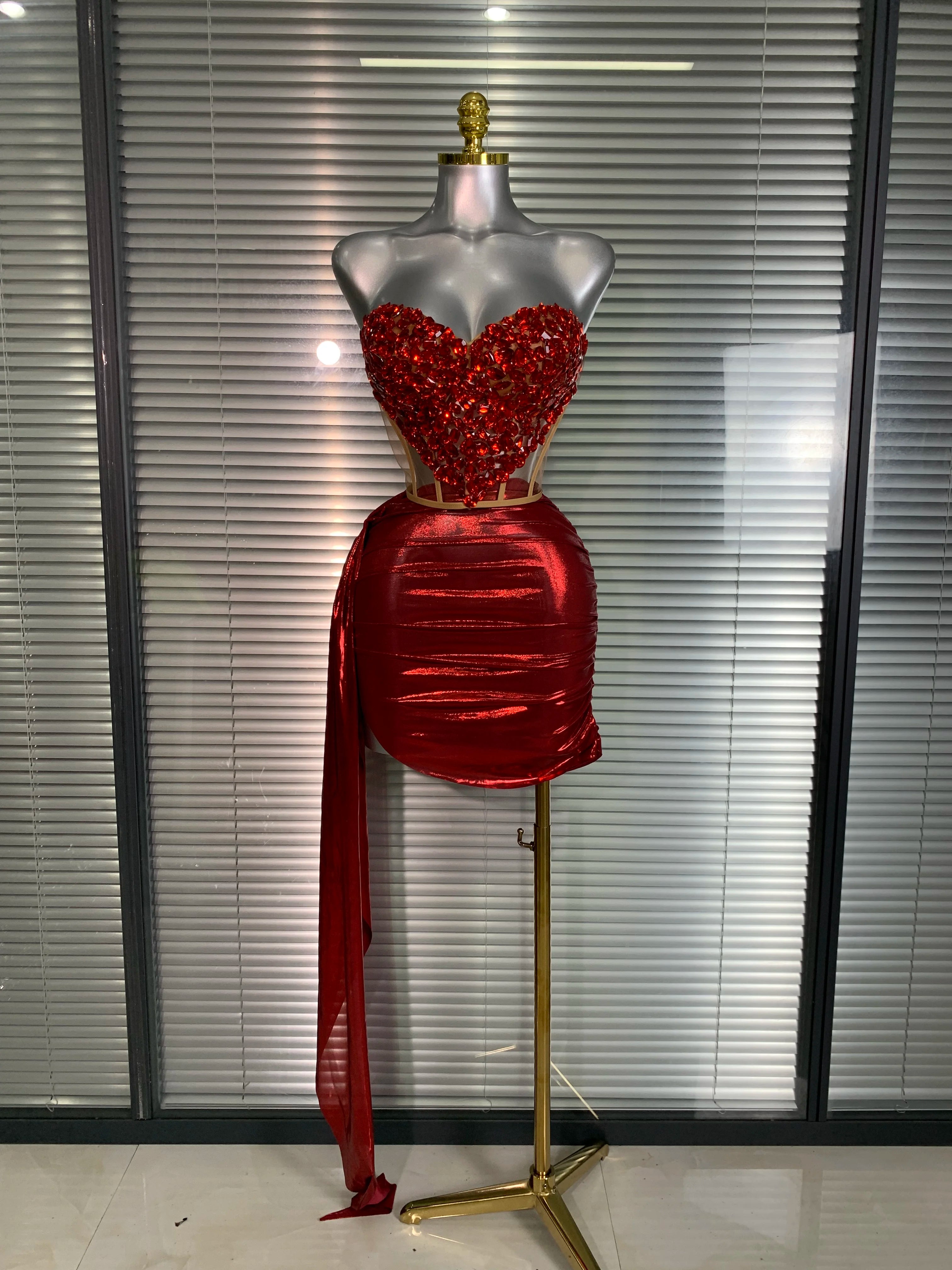 New Women Sexy Two Pieces Set Red Crystal Diamonds Night Club Skirt Suits Laced Singer Dancer Stage Performance Costume