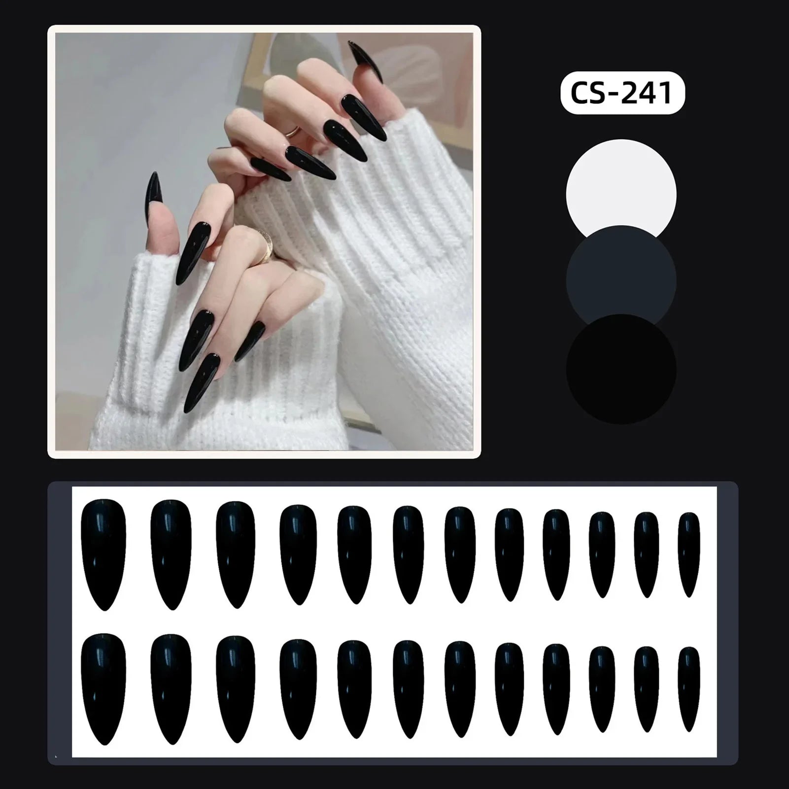 Solid Black Long Stiletto Fake Nails for Spicy Girls Charm Manicure 24Pcs Detachable Press On Nails Stick-on Nail Supplies