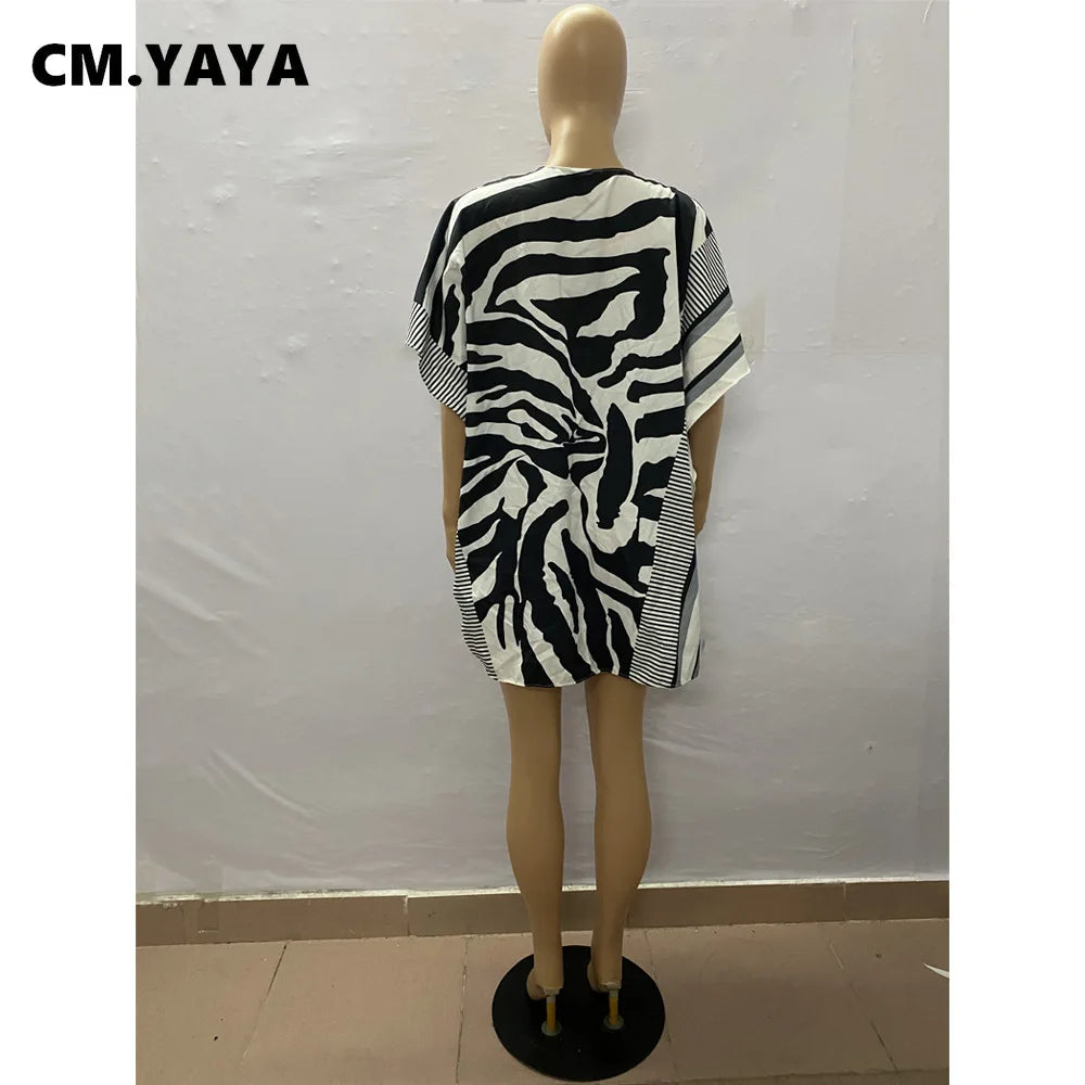 CM.YAYA Elegant Zebra Striped Women 3d Printed Tie Up Open Stitched Batwing Sleeve Shirt Blouse Tops