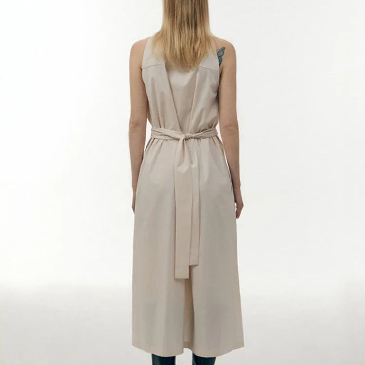 DEAT Fashion Women's Dress Round Collar Sleeveless Single Breasted Lace-up Solid Color Slim Dresses Spring New Tide 7AB3831