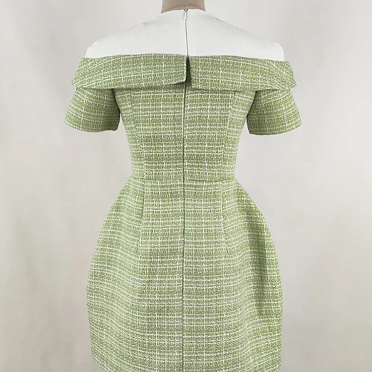 DEAT Women's Patchwork Tweed Dress Fashion Contrast Color Single Breasted High Waist Elegant Dresses Female New 13DB3854