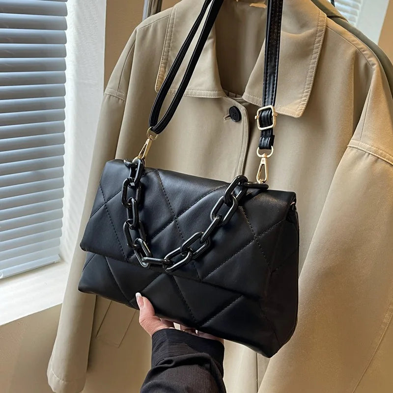 Soft PU Leather Crossbody Bags for Women Embroidery Thread Flap Bag Luxury Brand Trending Chain Shoulder Handbags Purse