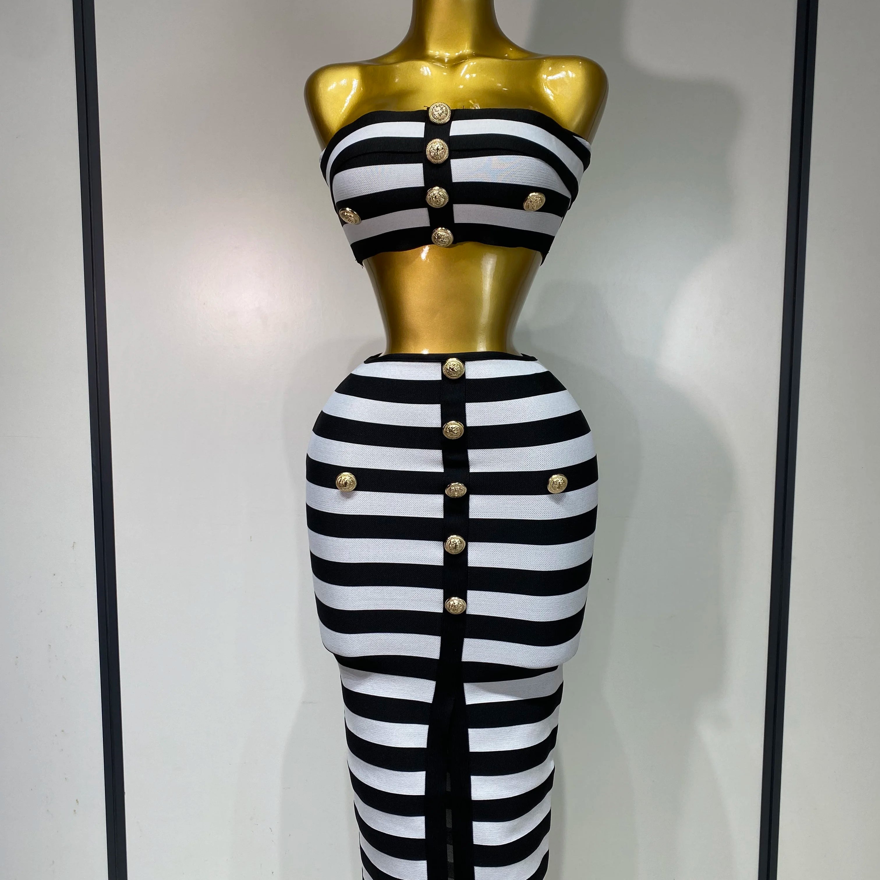 Women Sexy Off Shoulder Striped Button Two Piece Mini Bandage Set 2025 Celebrity Designer Evening Party Luxury Birthday Outfit