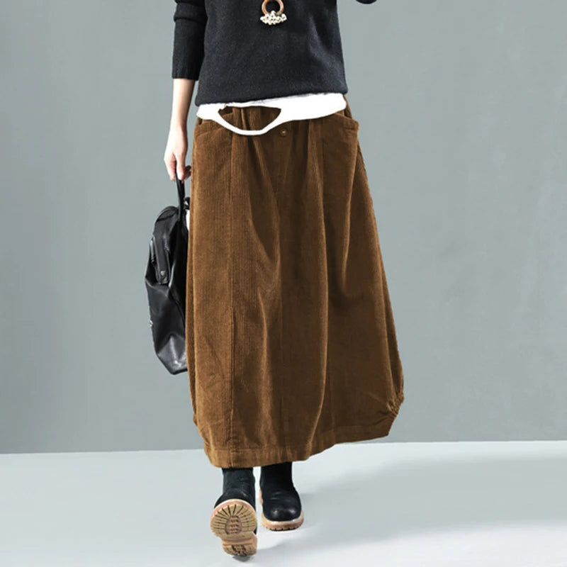 Women Corduroy Skirts Casual Elastic Waist Long Skirt Female Faldas Saia Autumn Vintage Solid Jupe Vestidos Oversize Coffee