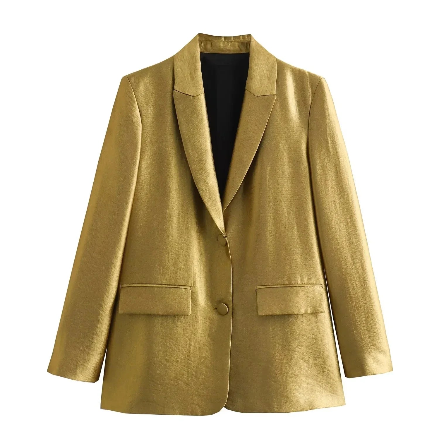 TRAFZA Autumn New Women's Fashion Gold Blazer Retro V Neck Party Long Sleeve Button Up Women's Pocket Casual Blazer Chic Top gold top