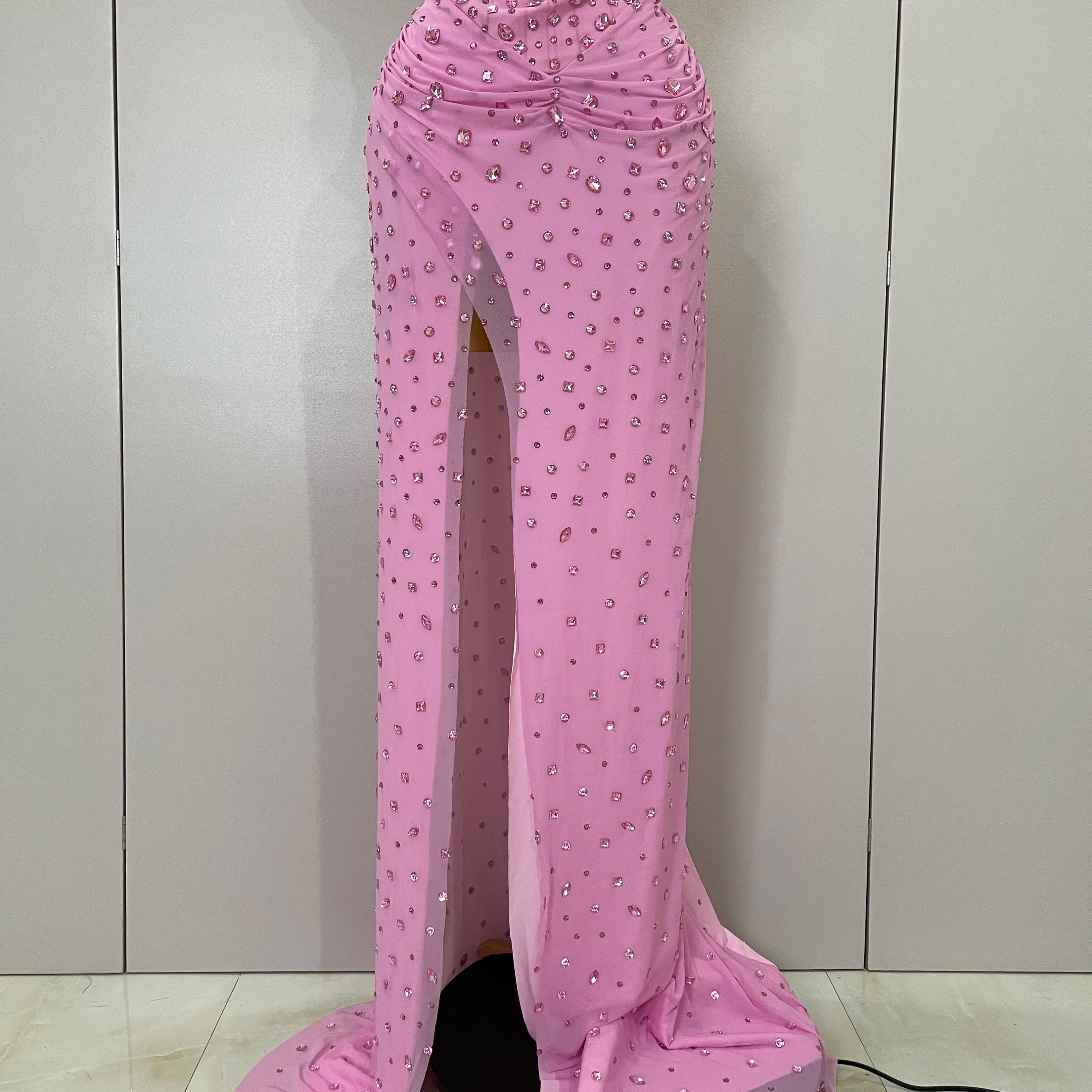 Luxury Pink Rhinestones Split Floor Length Dress 2025 Women Sexy Evening Celebrate Birthday Party Dress Photoshoot Stage Wear