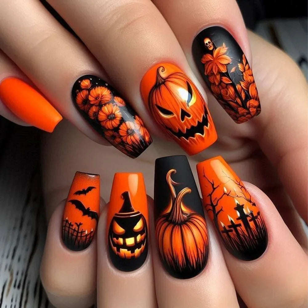 24pcs Black Press on Nails Halloween Fashion Pumpkin Ghost Full Cover Nail Tips Short Ballet False Nail Finished Fake Nails Sets