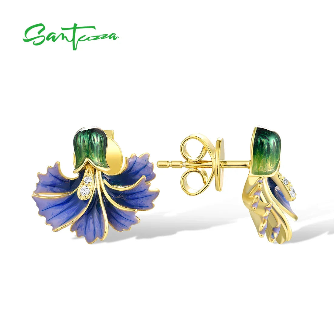 SANTUZZA Real 925 Sterling Silver Earrings For Women White CZ Blue Enamel Floral Elegant Wedding Engagement Gift Fine Jewelry
