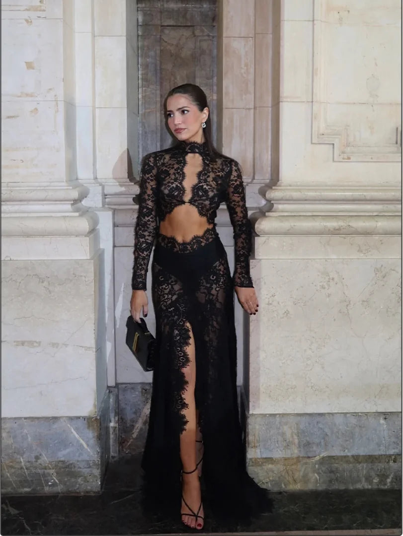 High Quality Women Long Sleeve Sexy Lace Fashion Keyhole Bodycon Long Maxi Dress Celebrate Nightclub Party Birthday Outfit
