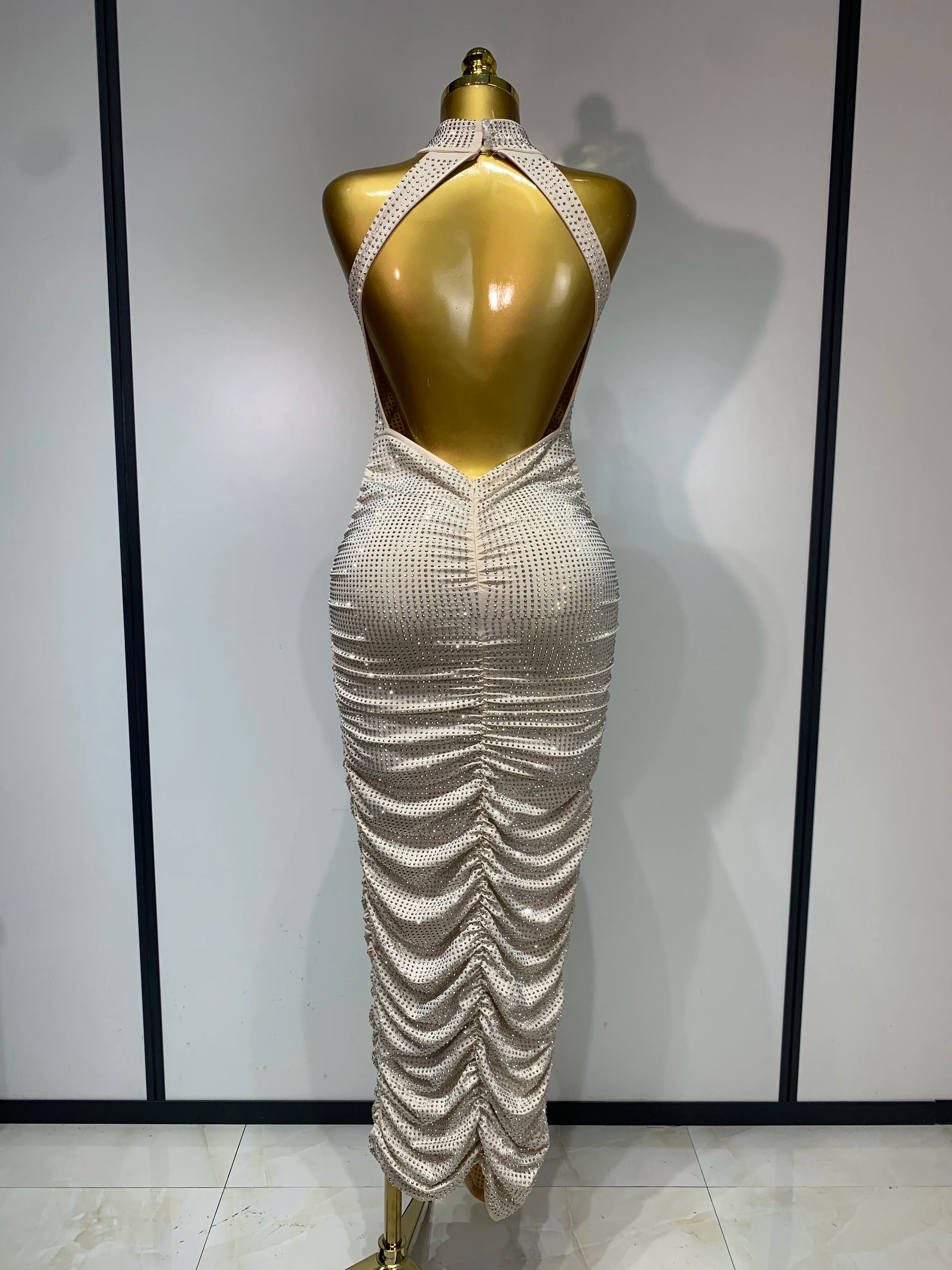 Women Sexy Backless Sleeveless Sparkly Diamonds Dress Slim Formal Elegant Celebrity Cocktail Party Luxury Birthday Gown Vestido