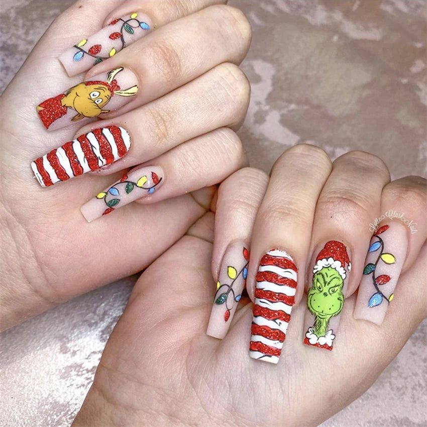 24Pcs/Set Christmas Collection Wearing False Nails Art Elk Santa Claus Snowman Press on Nail Tips Kawaii Acrylic Stick on Nails PDJ1544-Z089F