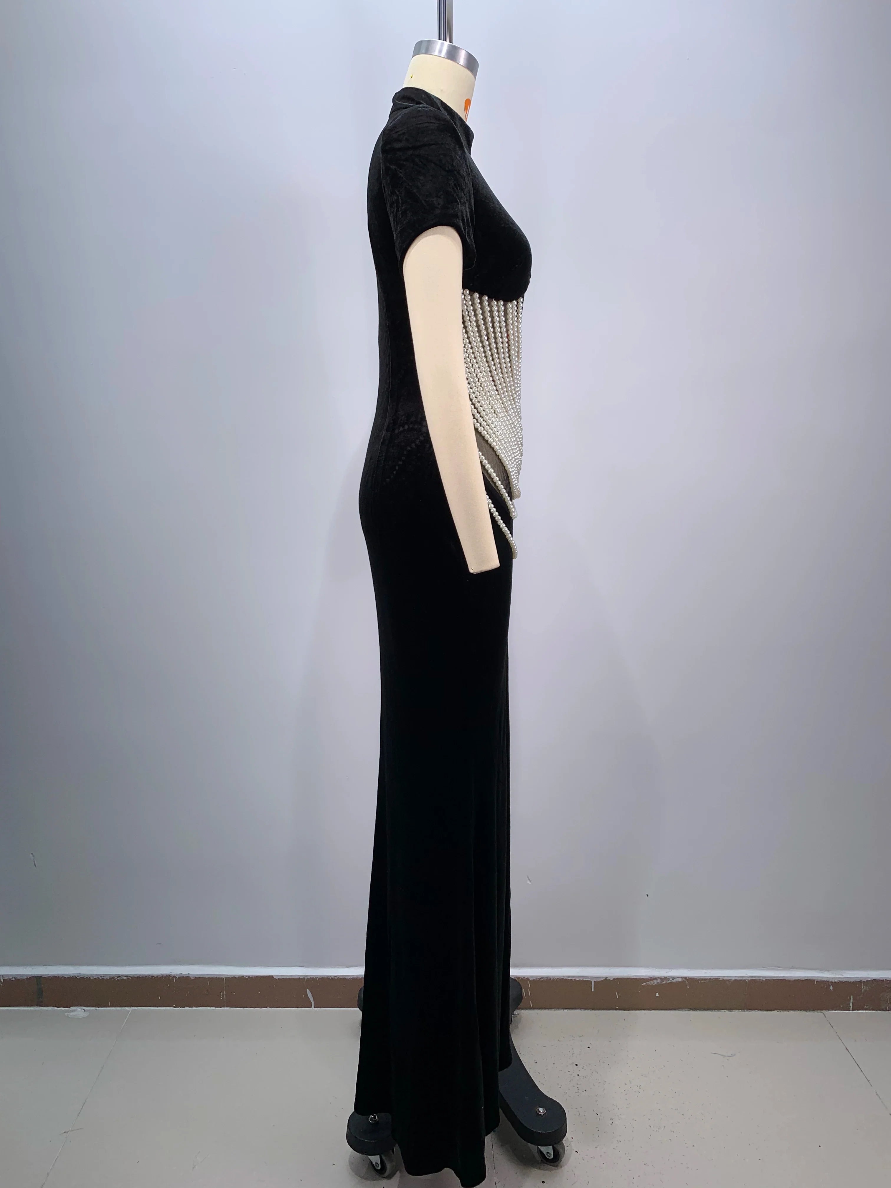 Celebrity Red Carpet Dress Women Sexy Short Sleeve Pearl Beading Bodycon Long Dress Evening Party Prom Outfit Vestido