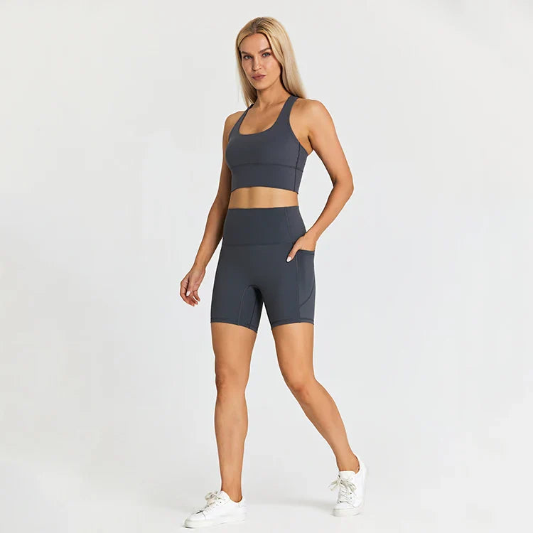 ABS LOLI Pockets Yoga Shorts Set Women Fitness Suit 2 Piece Sports Gym Wear Workout Clothes Running Sportswear Sport Outfit ink gray