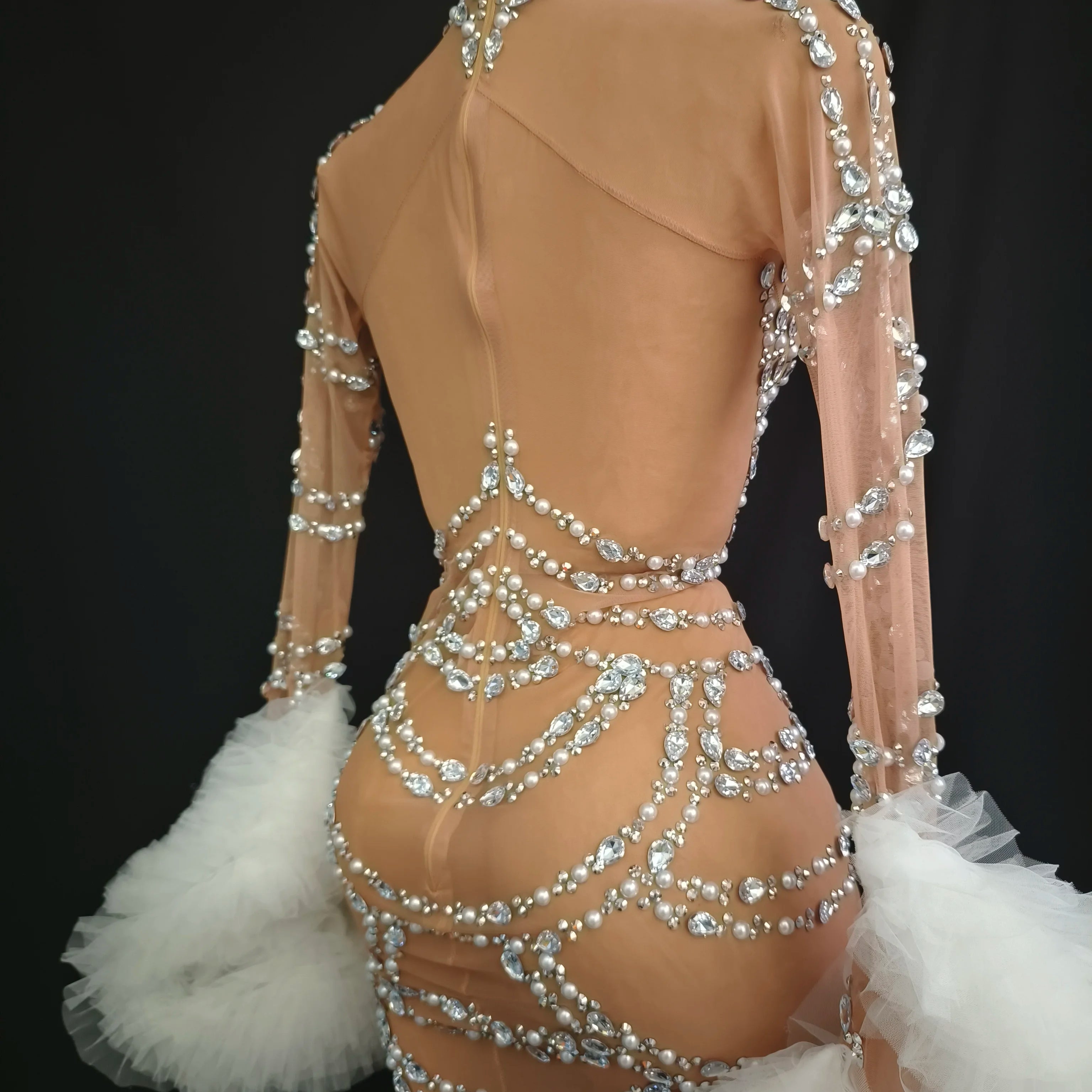 Women Sexy Mesh Nude Stretchy Long Sleeve Night Club See Through Singer Dancer tage Costume Mini Party Dress