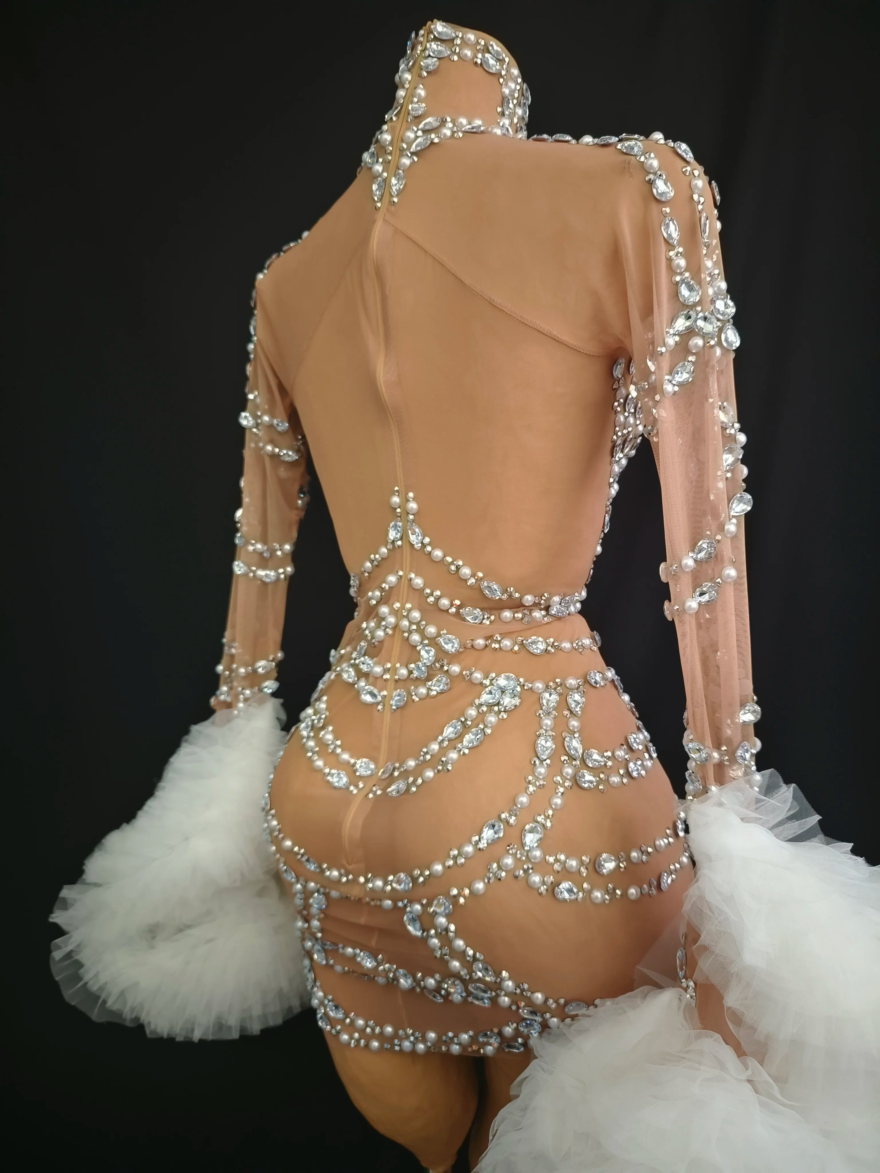 Women Sexy Mesh Nude Stretchy Long Sleeve Night Club See Through Singer Dancer tage Costume Mini Party Dress