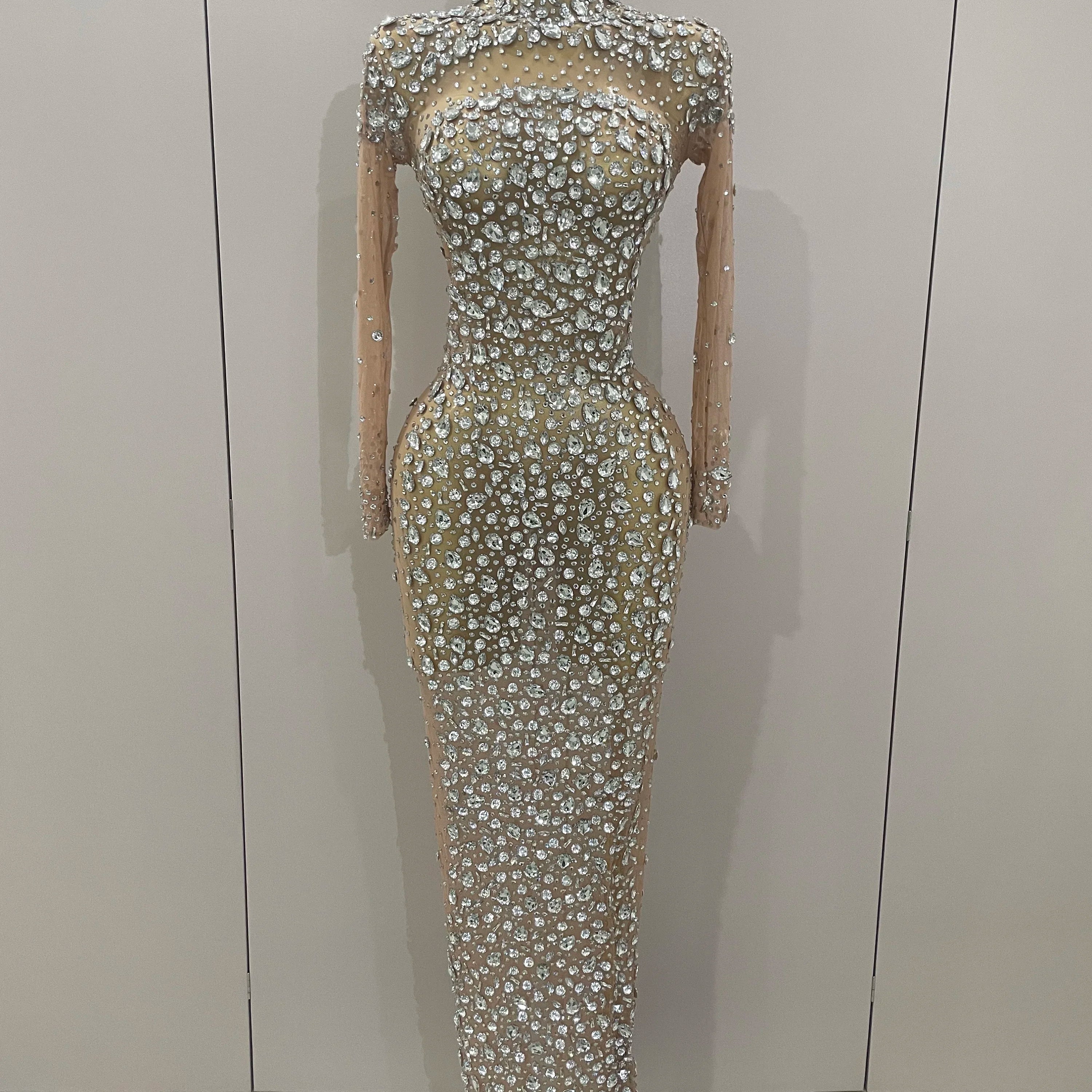 Sparkly Silver Big Rhinestone Sexy Transparent Long Dress 2025 Women Evening Birthday Party Celebrate Club Dancer Stage Costume