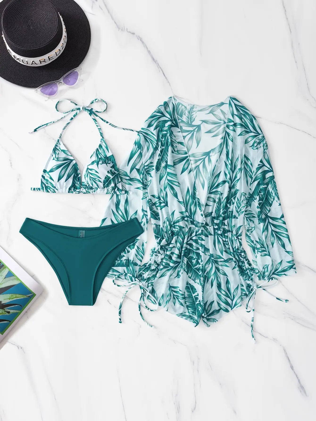 3 Pieces Bikini Tropical Print Swimsuit Halter Drawstring Side Swimwear Women 2023 Bathing Suit Female Swimming Summer Beachwear Green