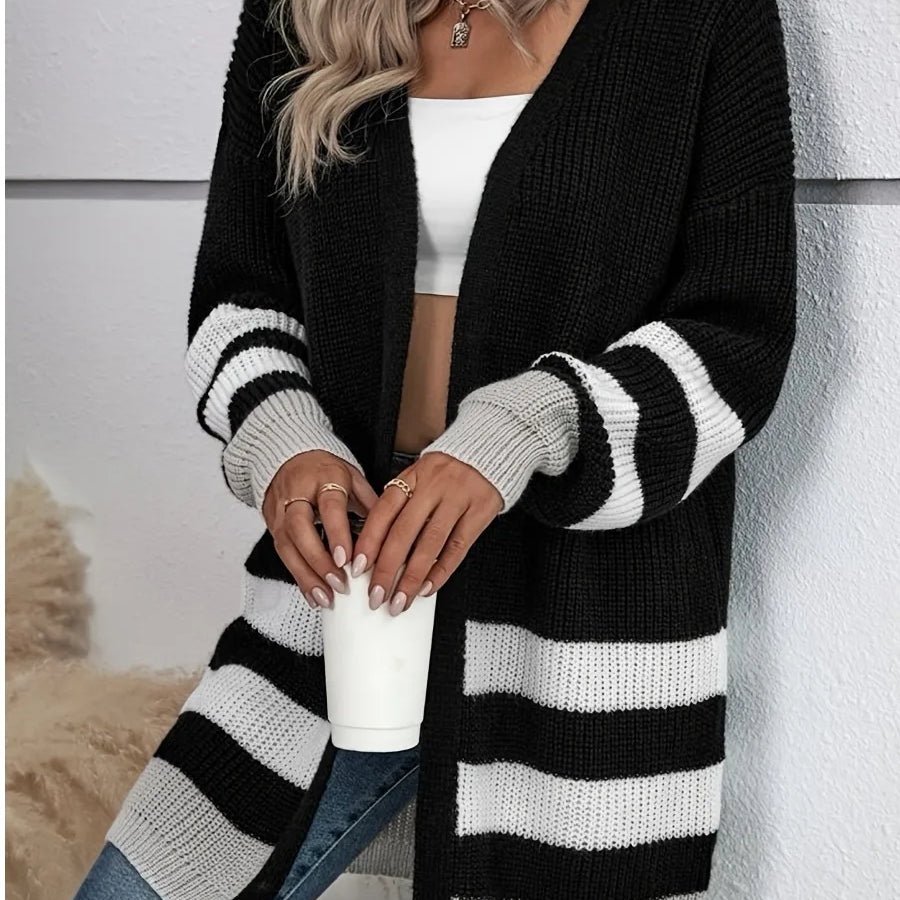 Dropped Shoulder Striped Cardigan Fashion Autumn Winter Knitting Long Sleeve V Neck Casual Sweater Daily Tops forWomen