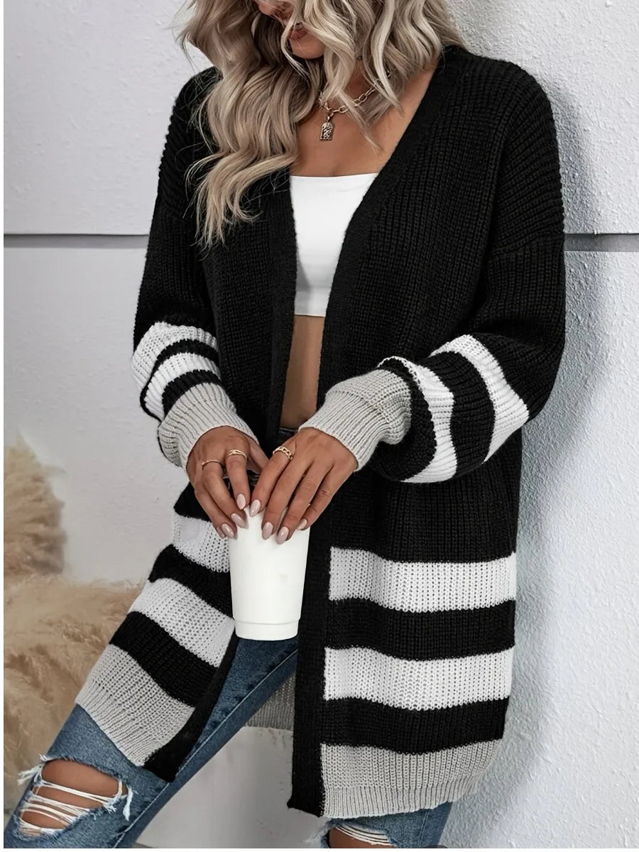 Dropped Shoulder Striped Cardigan Fashion Autumn Winter Knitting Long Sleeve V Neck Casual Sweater Daily Tops forWomen