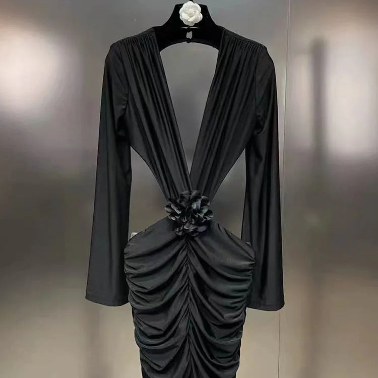 DEAT New Items Trendy Women's Wrinkled 3D Flower Chest Pad Dress Spring Fashion Long Sleeves V-neck Dresses Female 11XX8774 Black