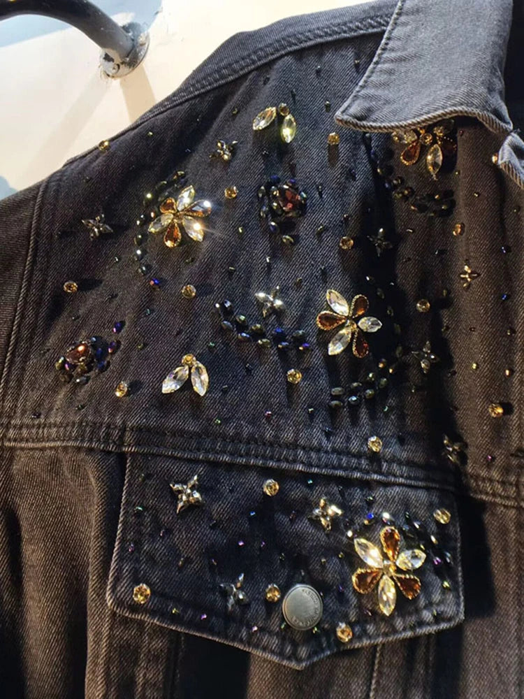 DEAT Women's Denim Coat Wash Black Beading Flowers Diamonds Patchwork Loose Long Sleeve Jackets Summer New Fashion 29L3587