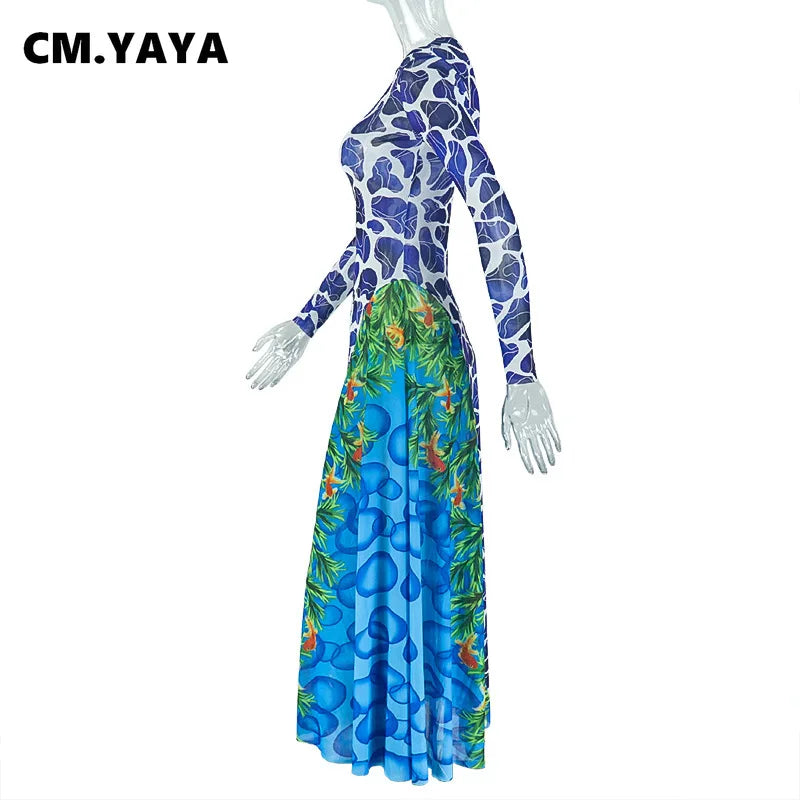 CM.YAYA Women 3D Printed O-neck A-line Mesh Long Sleeve Maxi Long Dress 2025 Summer Fashion Birthday Vacation Sexy Party Dresses