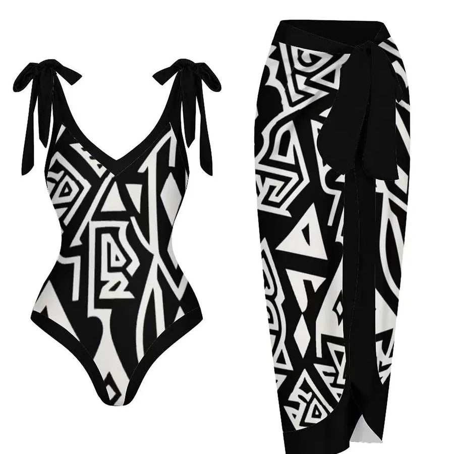 String One Piece Swimsuit & Vent Skirt Padded Sexy Swimwear Women Bathing Suit Female Swimming Summer Beachwear Bodysuit Black2