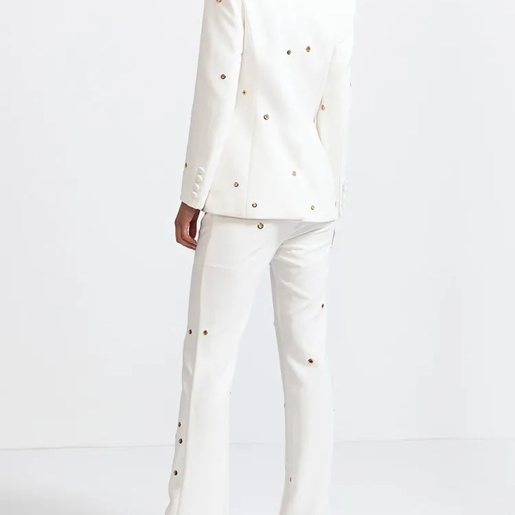 TWOTWINSTYLE Casual Hollow Out Two Piece Sets For Women Notched Collar Long Sleeve Blazer High Waist Pant Loose Set Female Style