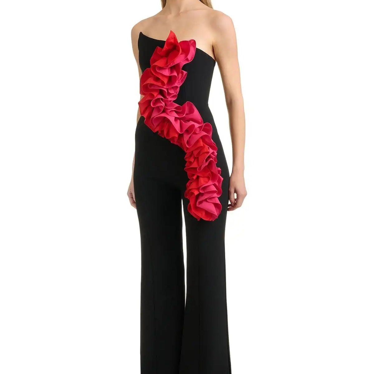 Top Black Women Sexy Off the Shoulder Ruffles Straight Bandage Jumpsuit Fashion Celebrate Evening Party Wear