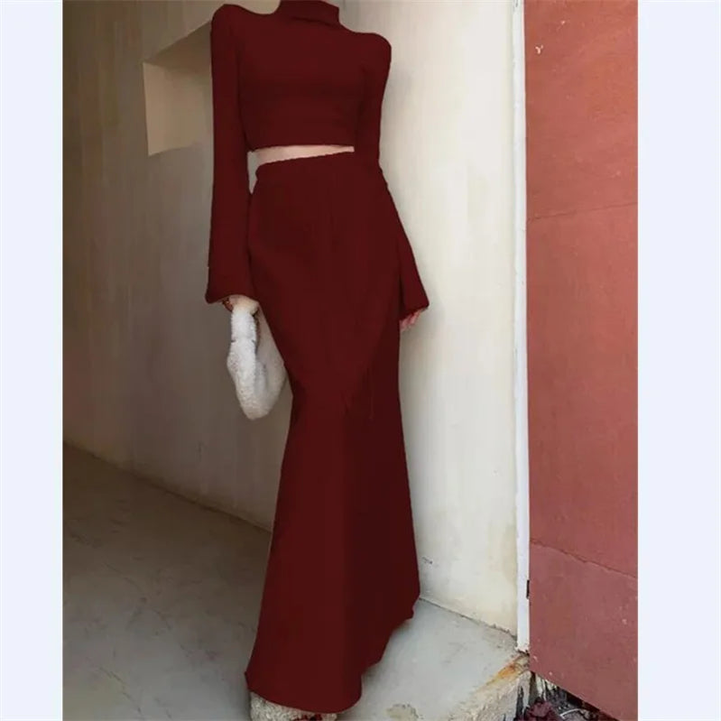 New Year's Red Robe Retro Women Girl Half High Neck Top and High Waist Long Skirt Two Piece Set Autumn Dress Sets Burgundy