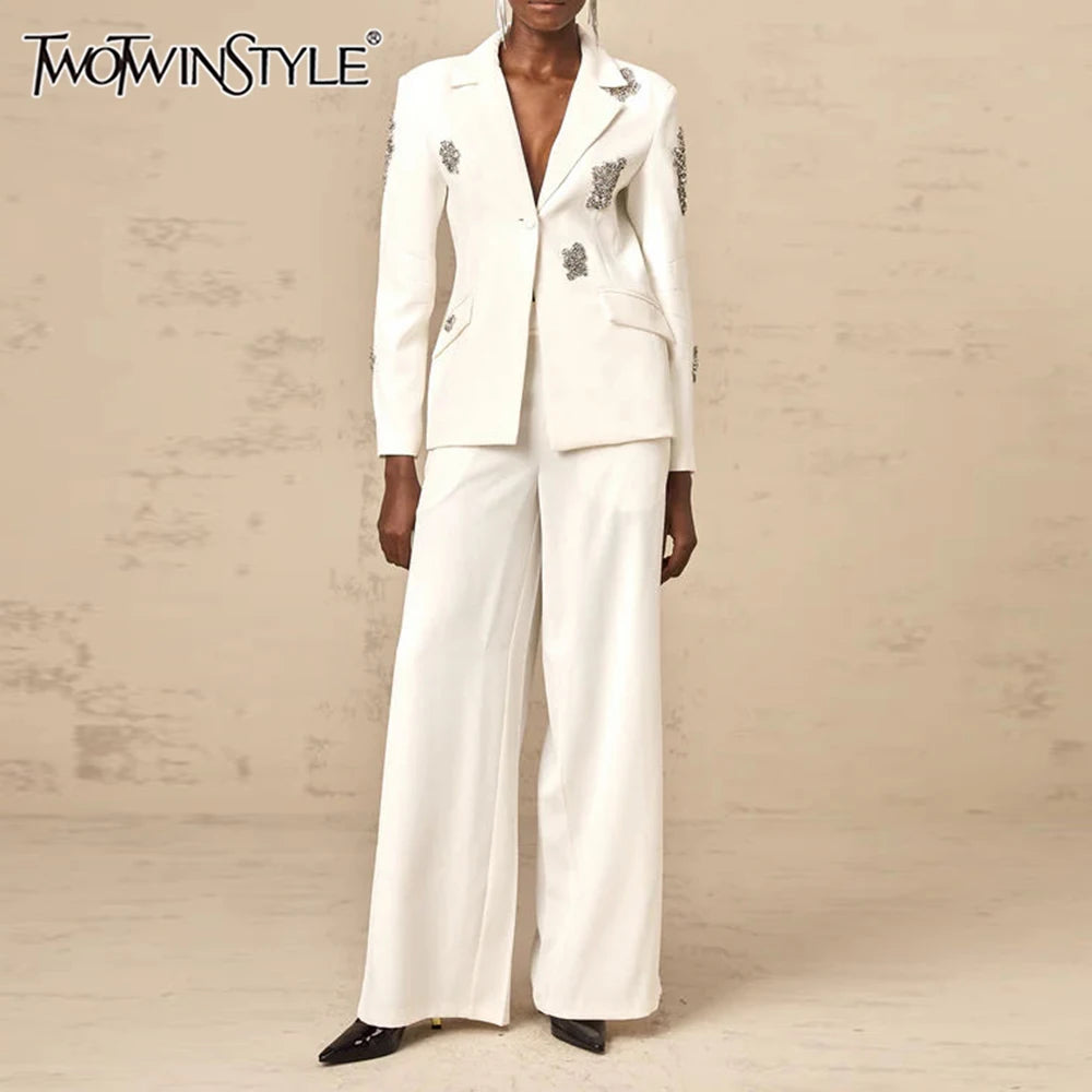 TWOTWINSTYLE Solid Fashion Two Piece Set for Women Notched Spliced Pockets Blazer High Waist Wide Leg Pants Female Clothing New
