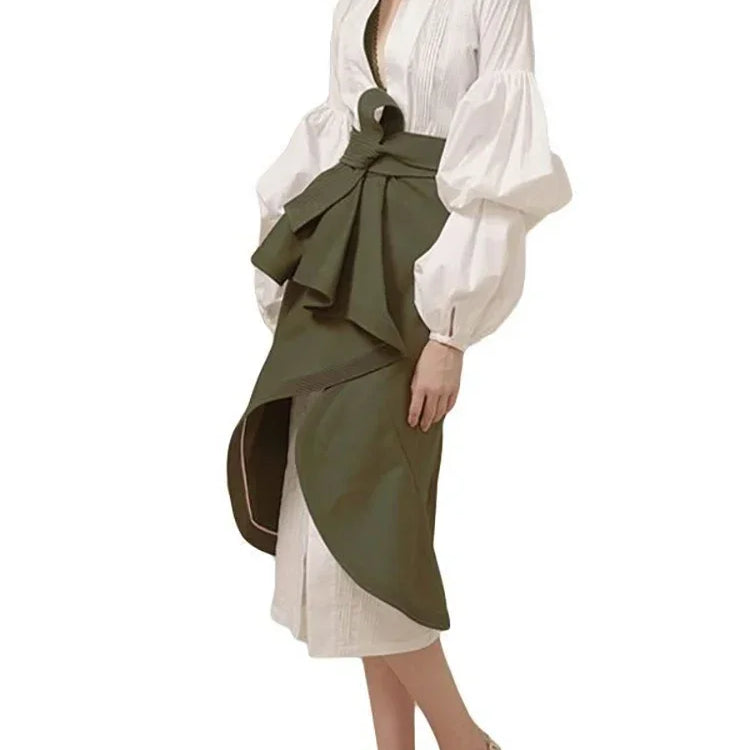 XITAO White Irregular Pleated Dress Women Clothes Spring New Stand Collar Puff Sleeve Personality Dress ZY3560