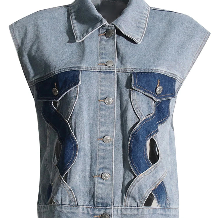 Colorblock Hollow Out Casual Denim Waistcoats For Women Lapel Sleeveless Spliced Single Breasted Streetwear Waistcoat Female