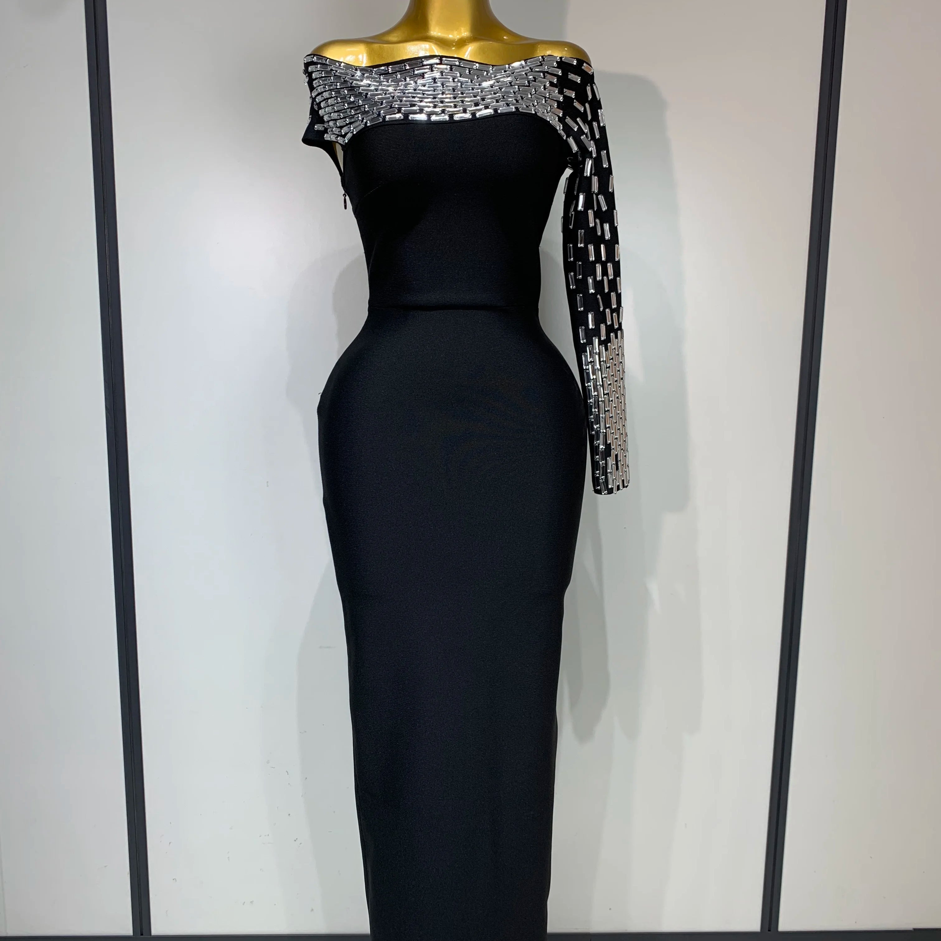 Women Celebrity Sexy Off-shoulder Diamonds Black Maxi Long Bandage Dress Evening Party Celebirty Elegant Stage Performance Dress