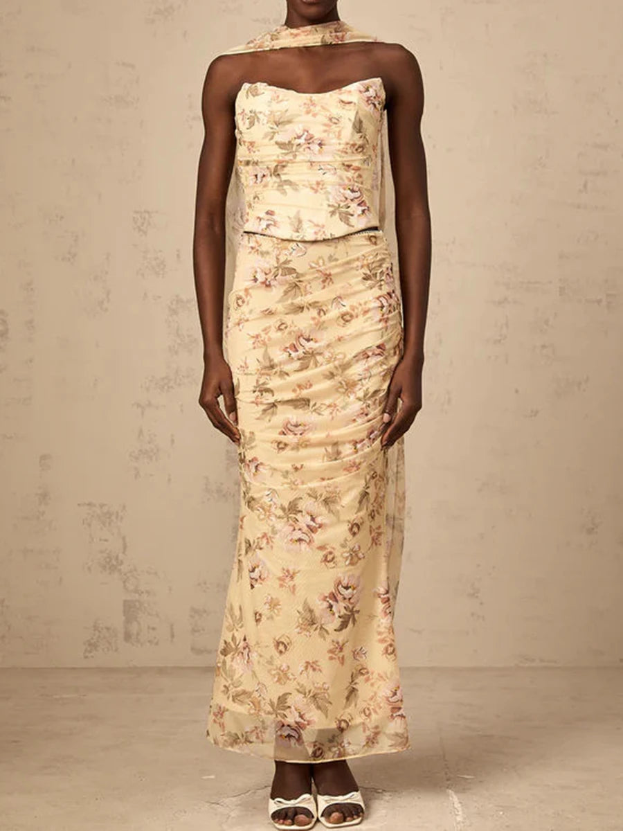 TWOTWINSTYLE Colorblock Slimming Spliced Mesh Dresses for Women Strapless Sleeveless Patchwork Printing Dress Female Clothing