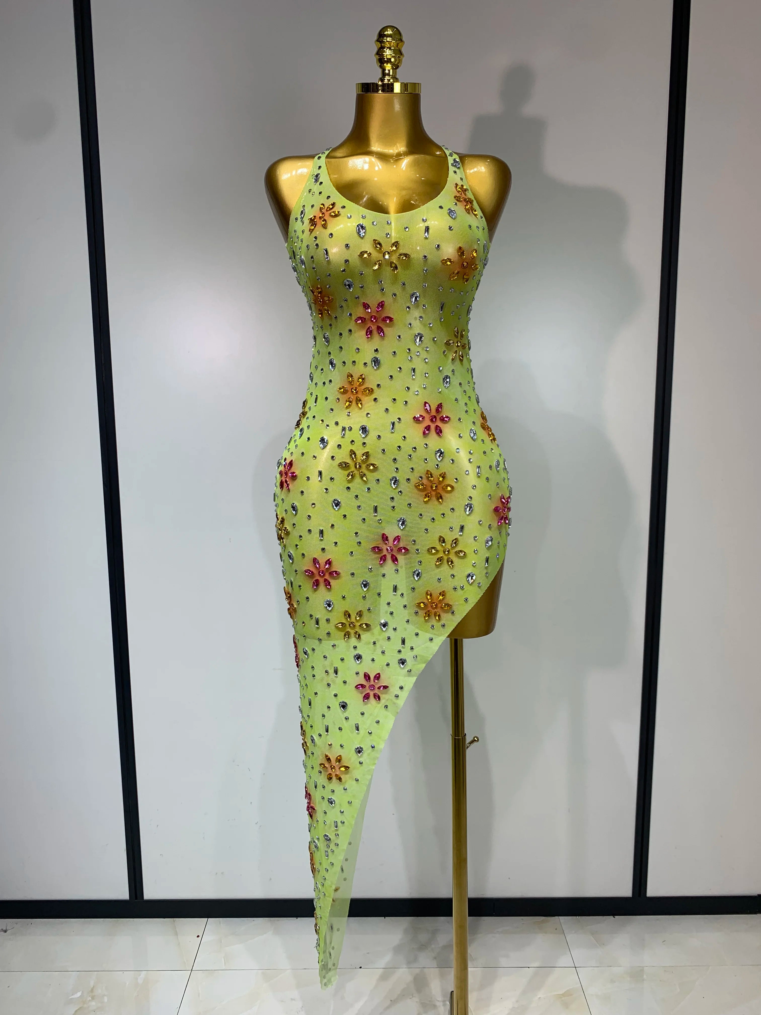 Women Sexy Mesh See Through Stretchy Sparkly Rhinestone Performance Costume Stage Dancer Nightclub Party Luxury Birthday Dress