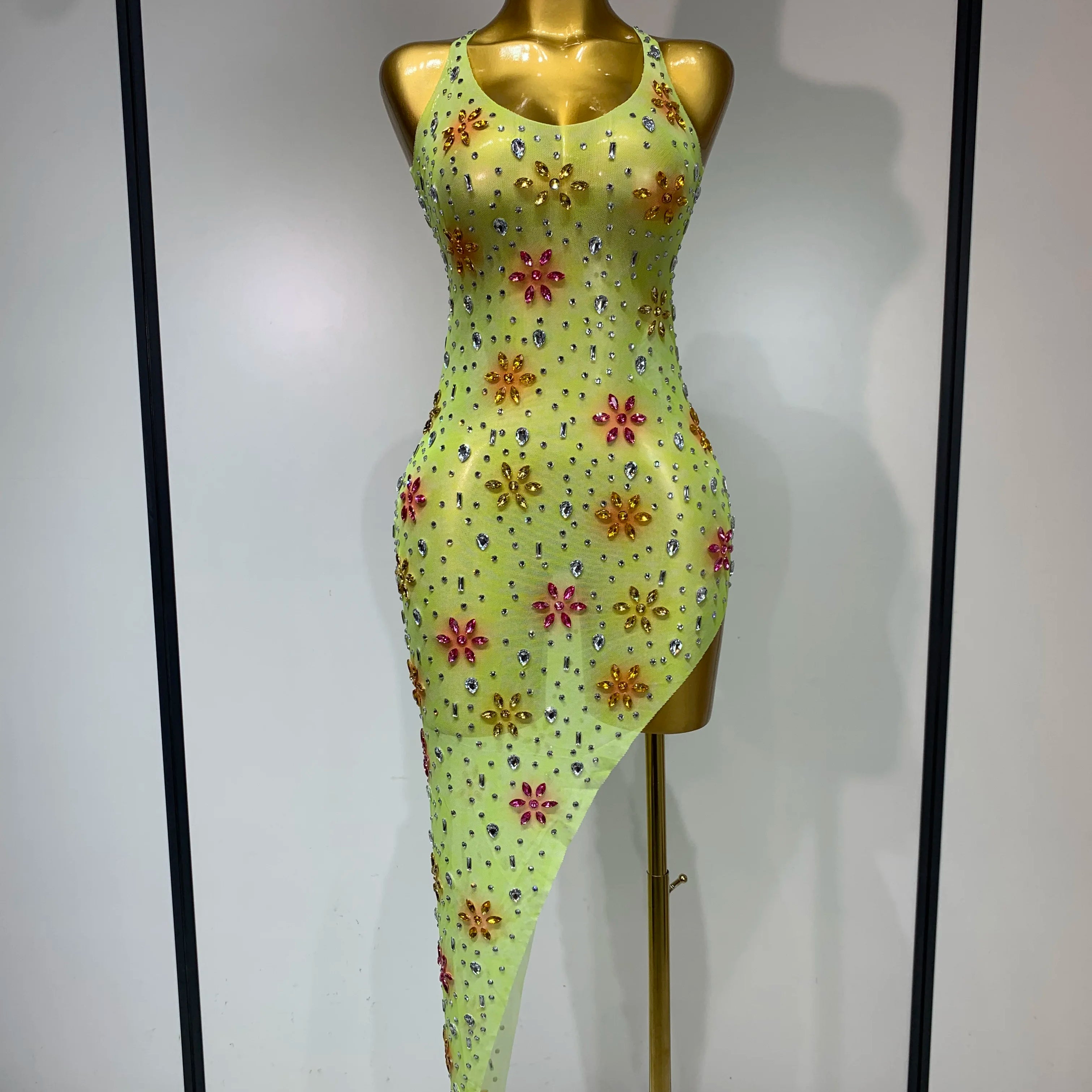 Women Sexy Mesh See Through Stretch Sparkly Rhinestone Performance Costume Stage Dancer Nightclub Party Luxury Birthday Dress