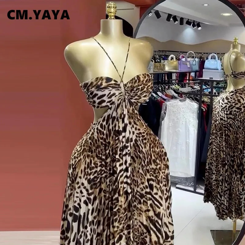 CM.YAYA Elegant Women Leopard Print Sleeveless Strapless Floor-Length Long Dress 2025 Beach Party Birthday Sexy Pleated Dresses