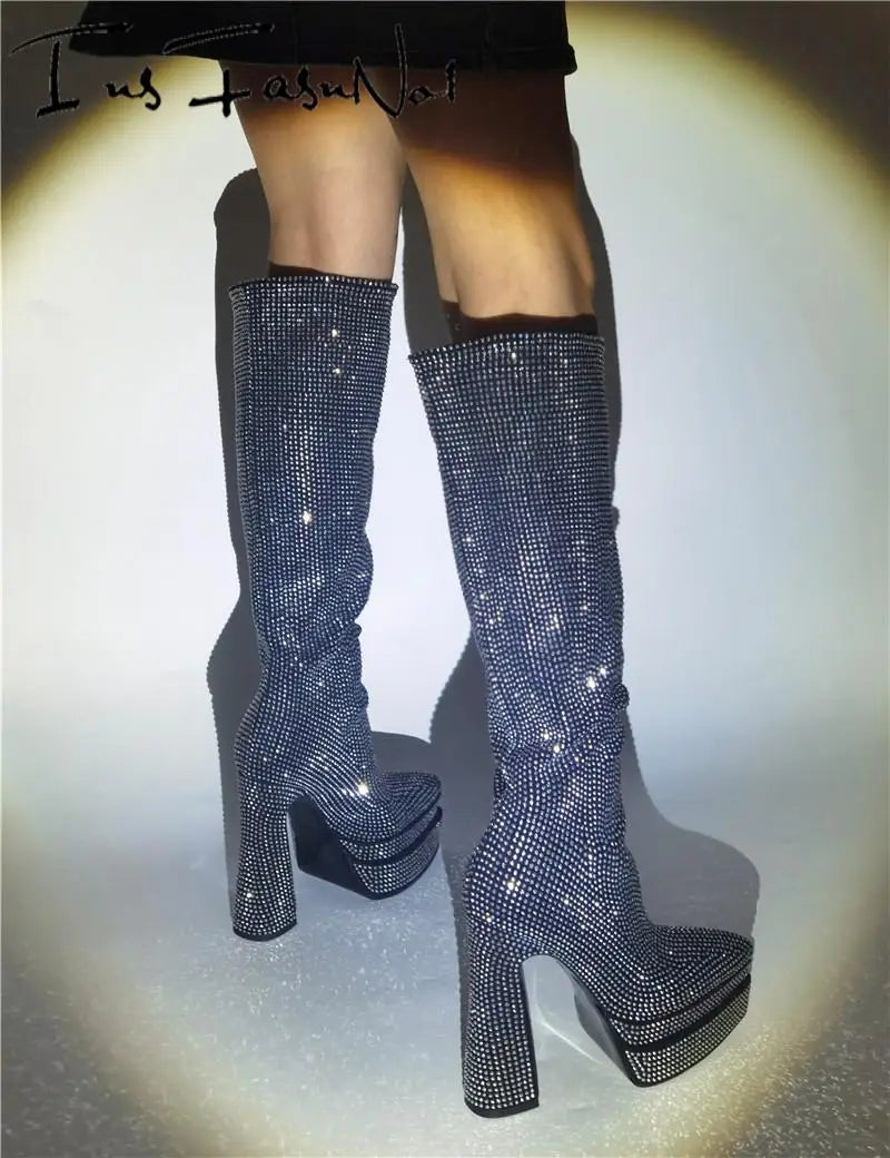 Street Style Women Knee High Boots Crystal Platform High Heel Fashion Rhinestone Boots Ladies Wedding Strass Shoes High Heels