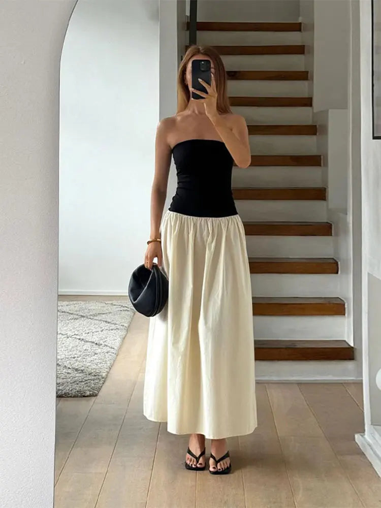 Elegant Round Collar Long Sleeve Slim Robe Women Contrast Spliced Pleated Hem Long Dress New Lady Fashion Evening Party Dresses