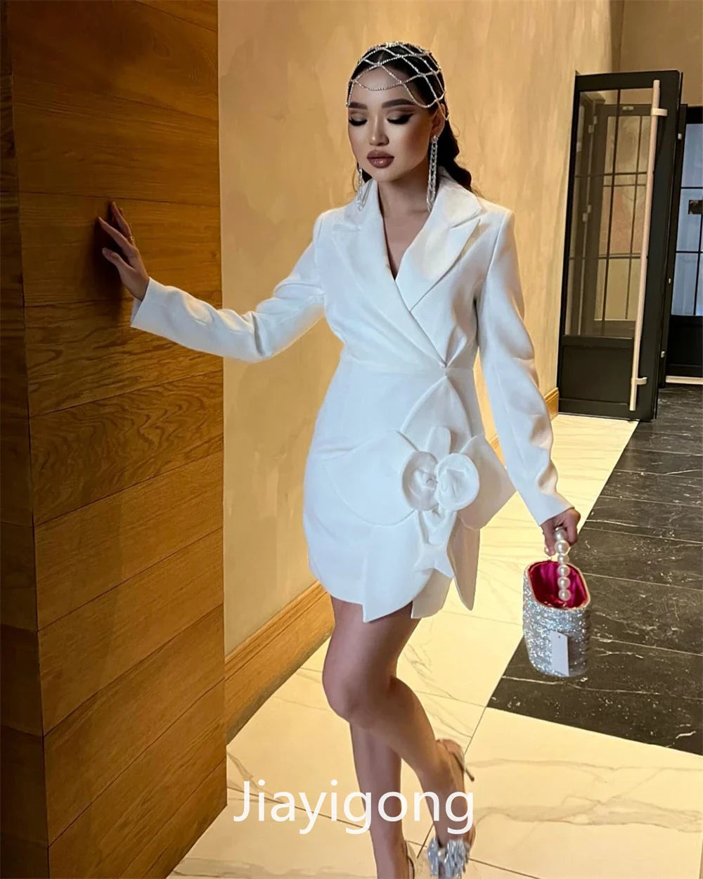 Jiayigong Simple V-neck Cocktail Dresses Party Bows Bowknot Satin Mini Custom Dress as picture color