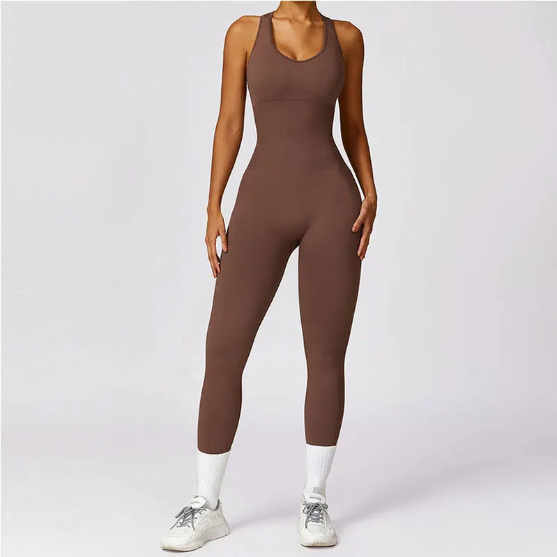 New Yoga Set Seamless Women's Jumpsuits One-Piece Gym Push Up Workout Clothes Fitness Bodysuit Sportswear Tracksuit Short Sleeve dark brown CHINA