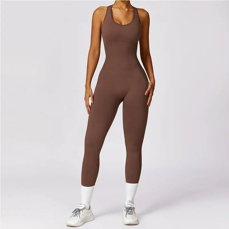 New Yoga Set Seamless Women's Jumpsuits One-Piece Gym Push Up Workout Clothes Fitness Bodysuit Sportswear Tracksuit Short Sleeve dark brown CHINA