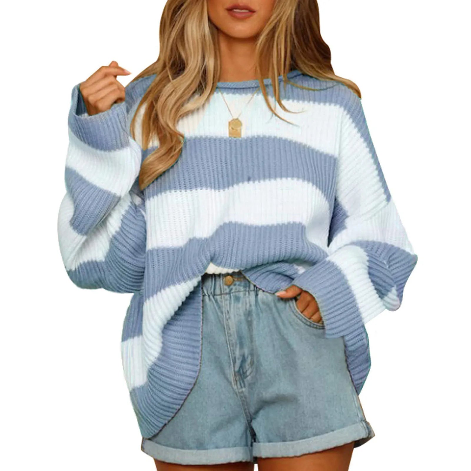 Women Stripe Print Cable Knit Round-Neck Long Sleeve Sweaters Fall Winter Loose Sweater Thick Cozy Chunky Knitwear Blue